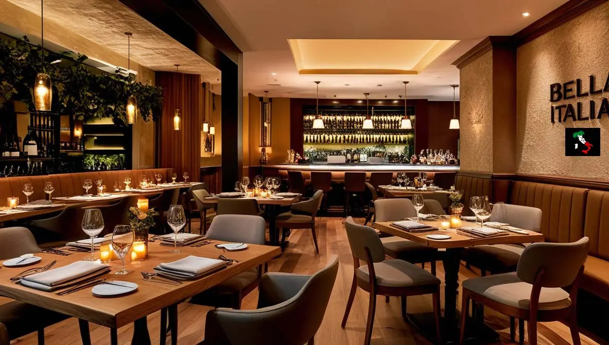 The warm dining room and interior of the Bella Italia restaurant